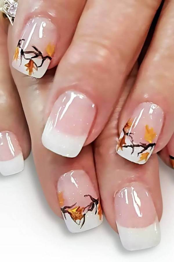 White French Tips with Autumn Branches
