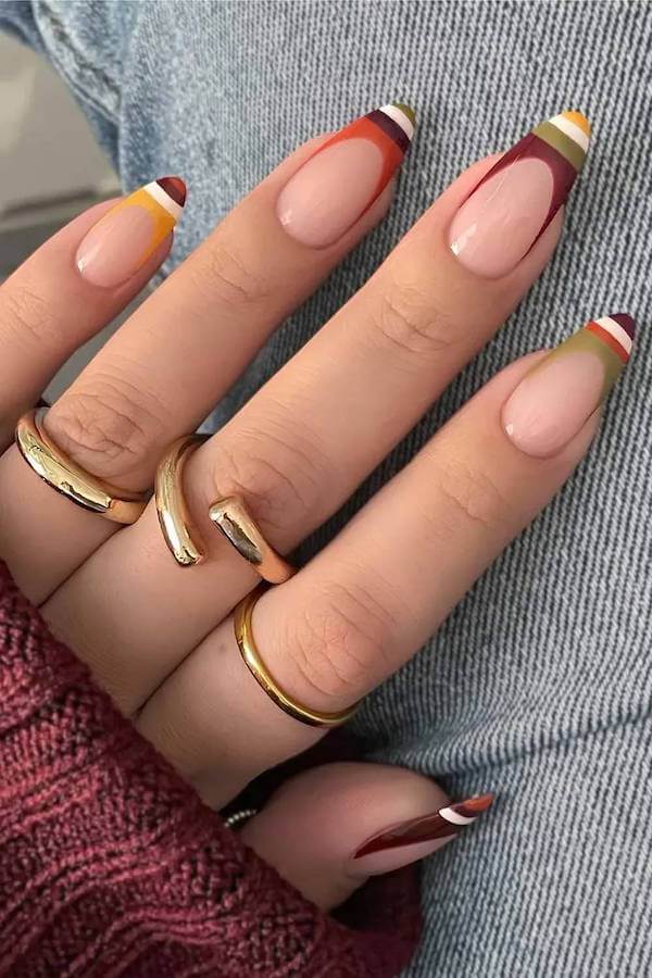 Multicolored Striped French Tip Nails