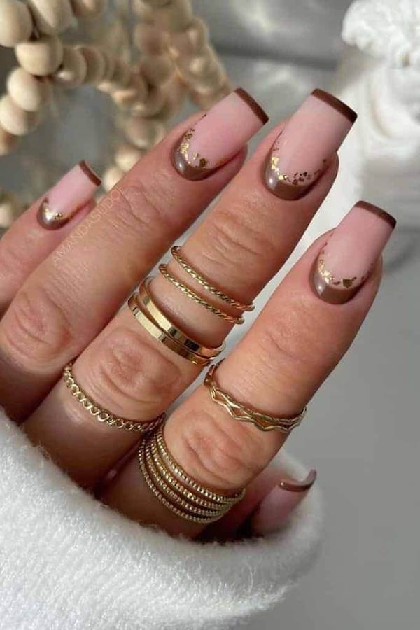 Brown French Tips with Gold Foil Accents
