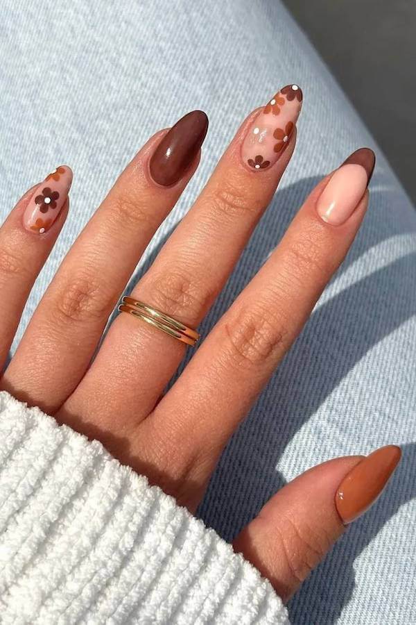 Brown Floral Thanksgiving Nails