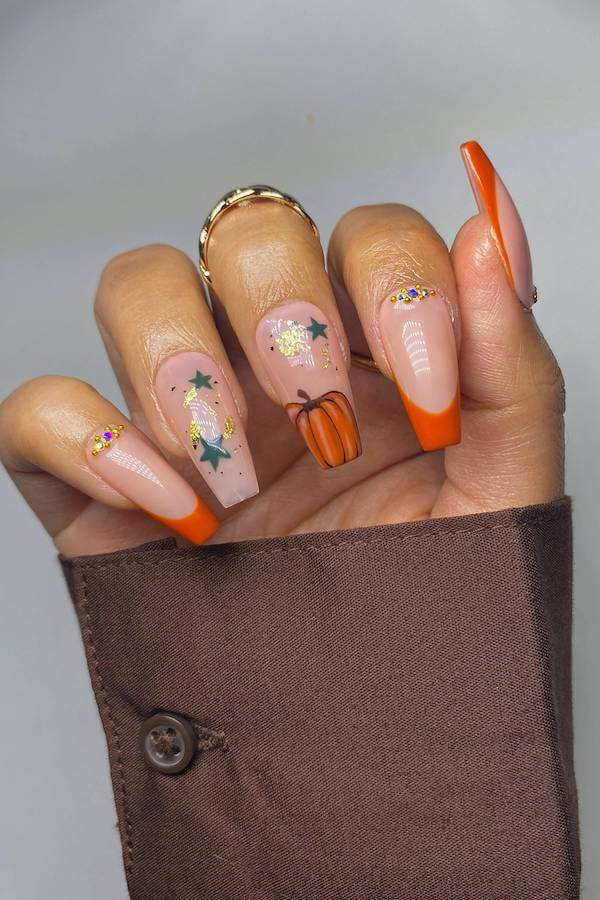 Pumpkin and Glitter French Tips