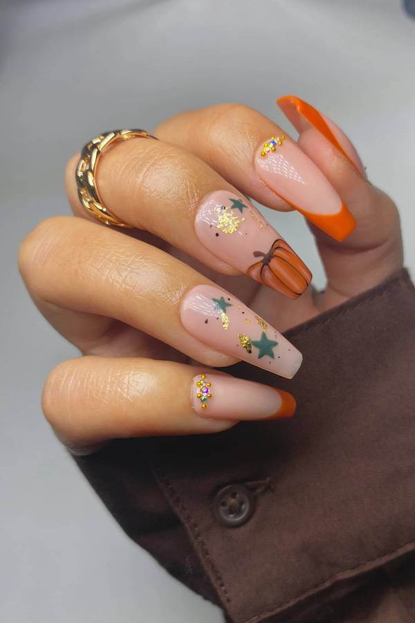 Orange French Tips with Autumn Accents
