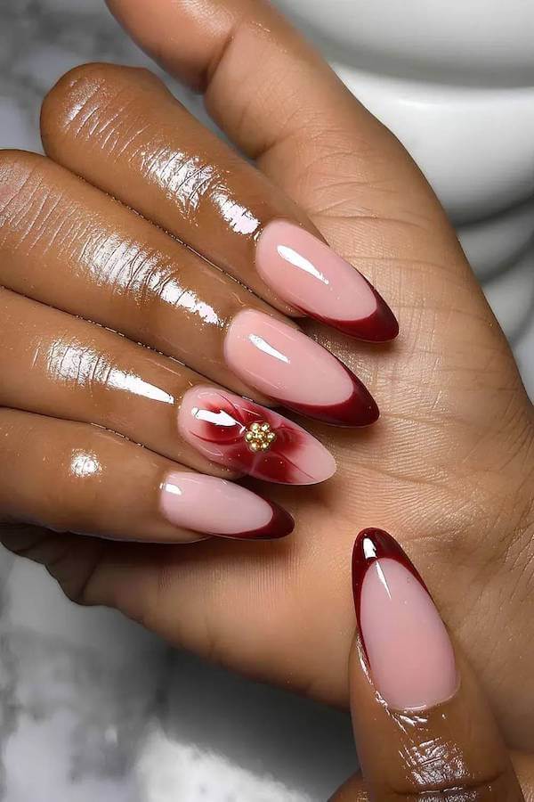 Burgundy French Tips with 3D Flower