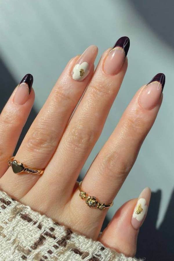 Burgundy French Tips with Floral Accents
