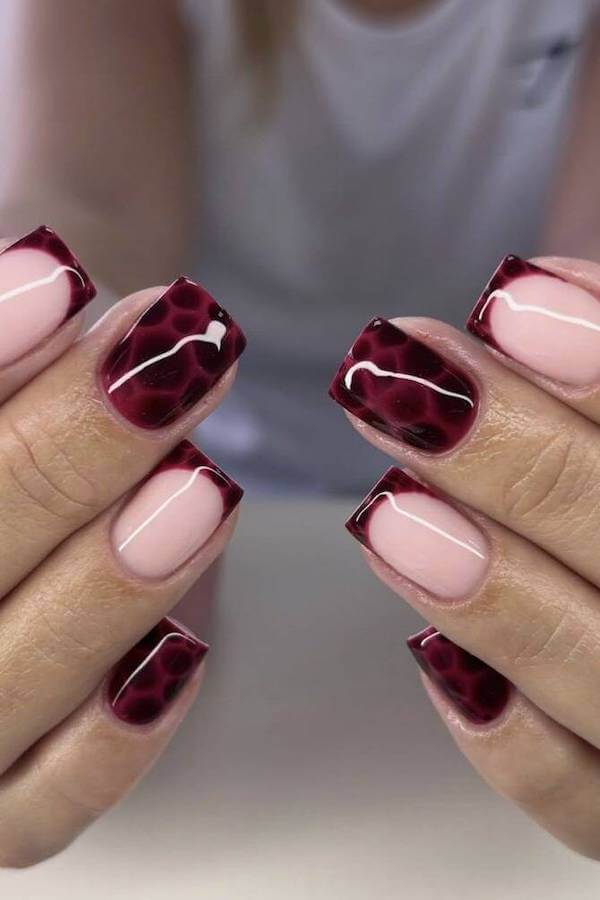 Burgundy Marble French Tips