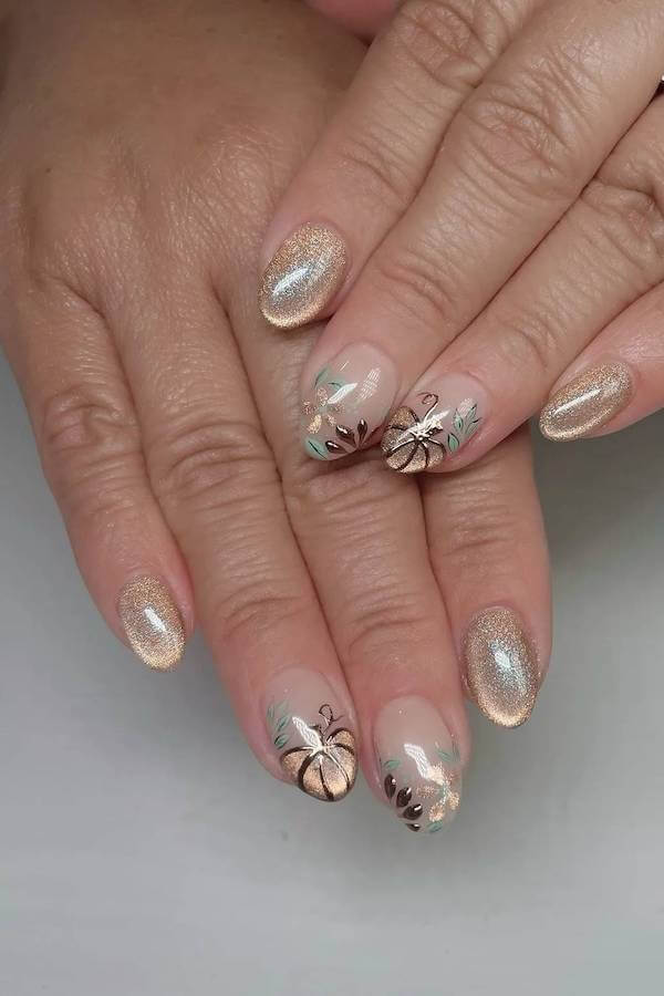 Metallic Pumpkin and Leaf Nails