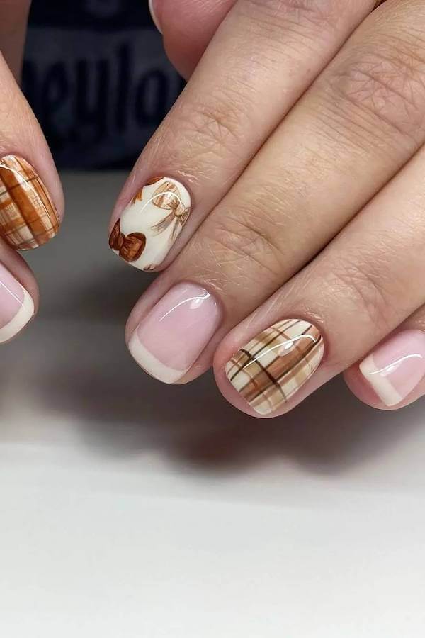 Plaid and Bow French Tip Nails