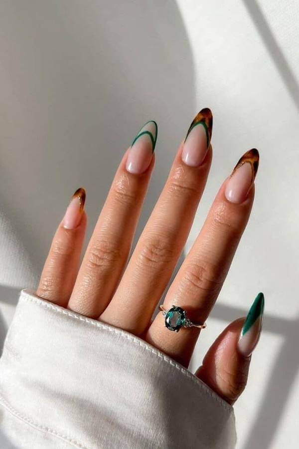Tortoise Shell and Green French Tip Nails