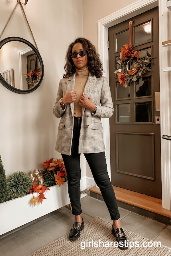 Plaid Blazer and Turtleneck Ensemble