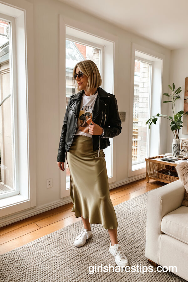 Leather Moto Jacket and Satin Skirt Style