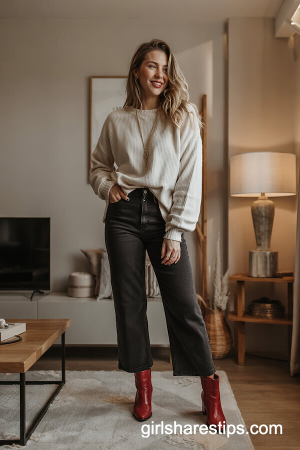 Ivory Knit Sweater with Cropped Jeans