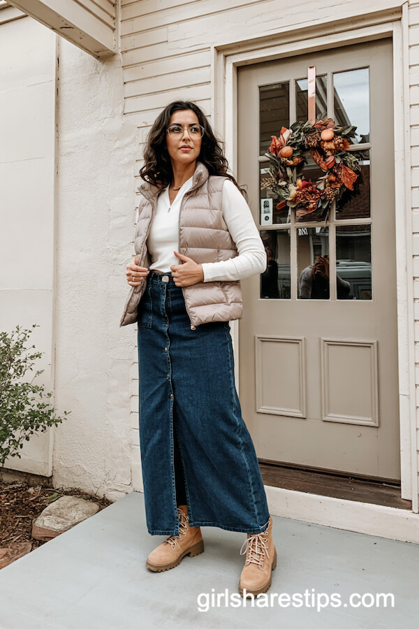 Puffer Vest with Maxi Denim Skirt