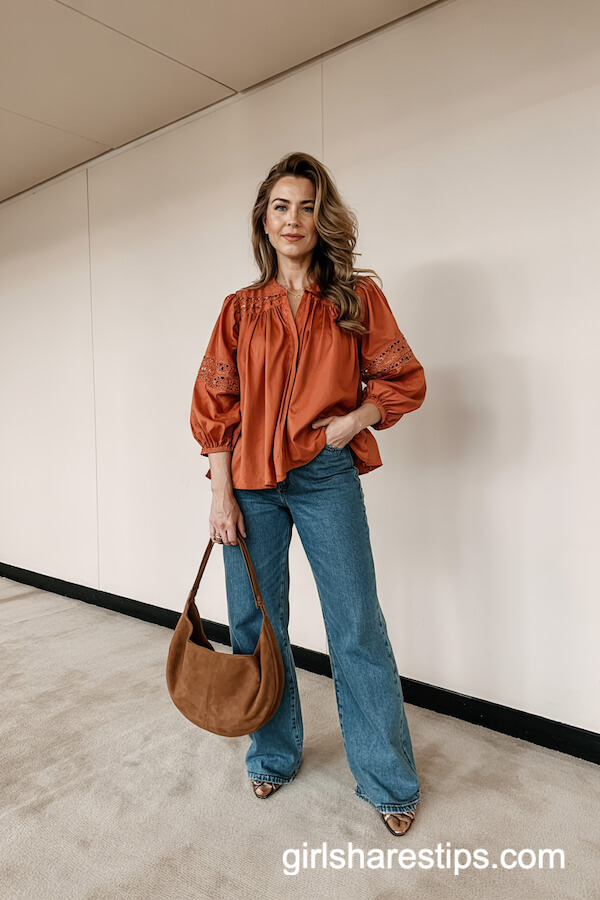Peasant Blouse with Wide-Leg Jeans