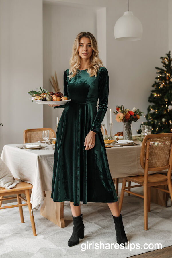 Velvet Midi Dress and Boots Look