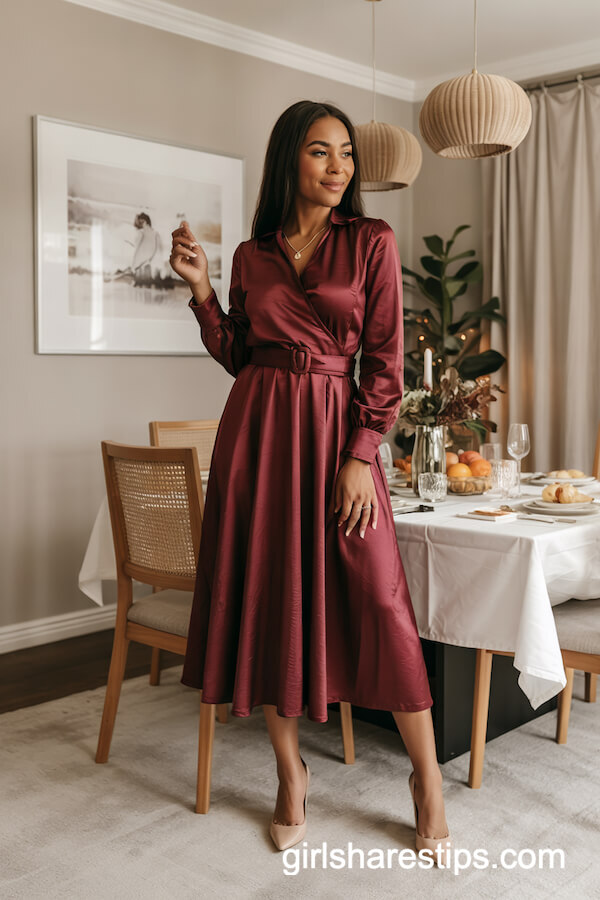 Burgundy Wrap Dress with Gold Accessories