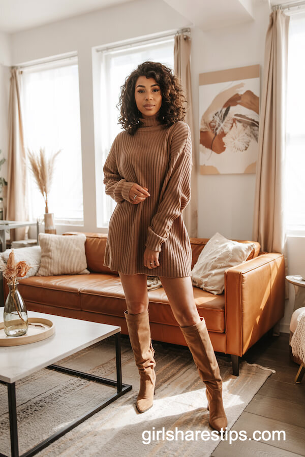 Camel Sweater Dress and Tan Knee-High Boots