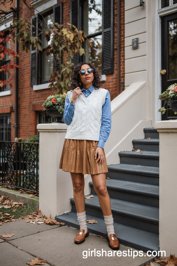 Sweater Vest and Pleated Mini Skirt