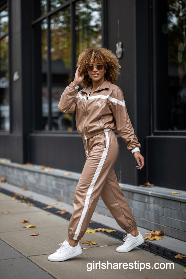 Tan Tracksuit with White Sneakers