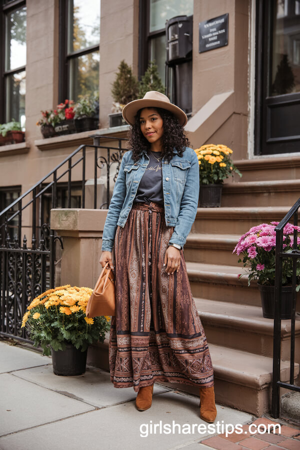 Patterned Maxi Skirt and Denim Jacket