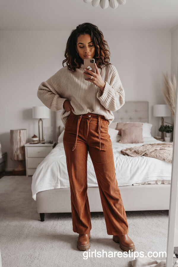 Fluffy Sweater with Rust Corduroy Pants