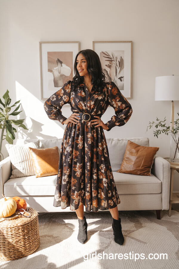 Fall Floral Dress with Black Ankle Boots