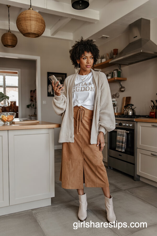 Chunky Cardigan and Suede Midi Skirt