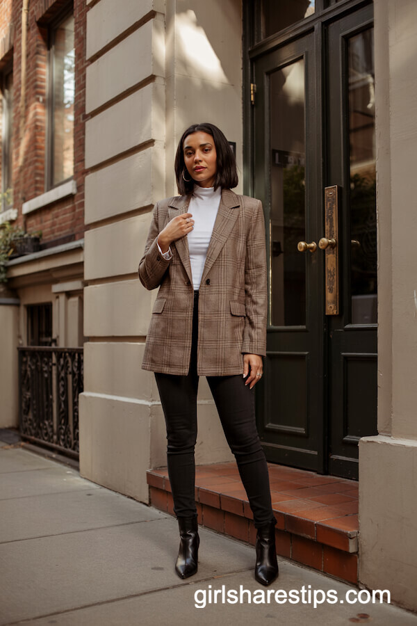 Plaid Blazer with Turtleneck and Skinny Jeans