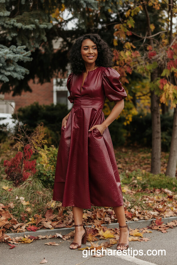 Burgundy Midi Dress with Puff Sleeves