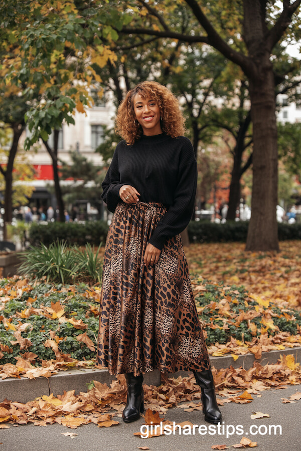 Animal Print Skirt with Chunky Knit Sweater