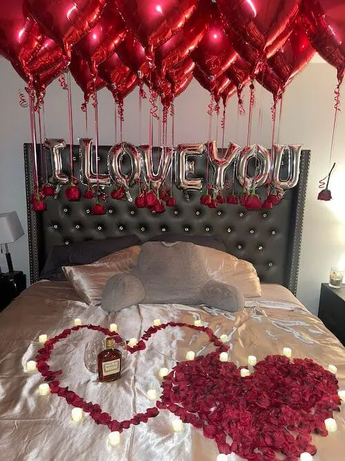 classy Valentines Day hotel room set up