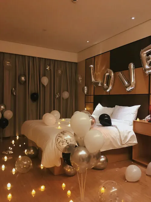 valentines room decoration ideas with silver, white, clear and black balloons