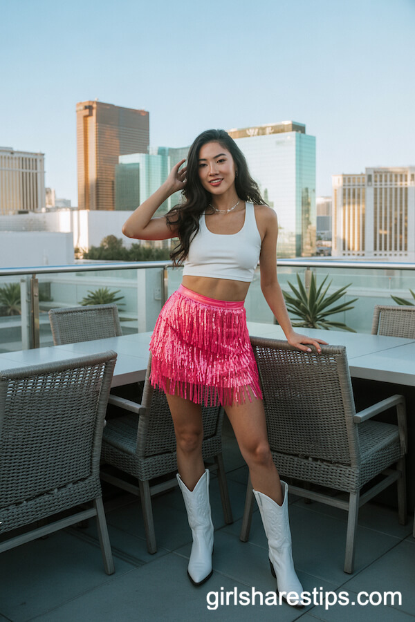 Hot Pink Sequin Fringe Mini Skirt with White Crop Top and White Cowboy Boots