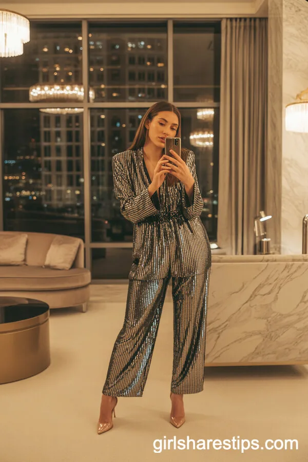 Silver Shimmery Jumpsuit with Nude Heels