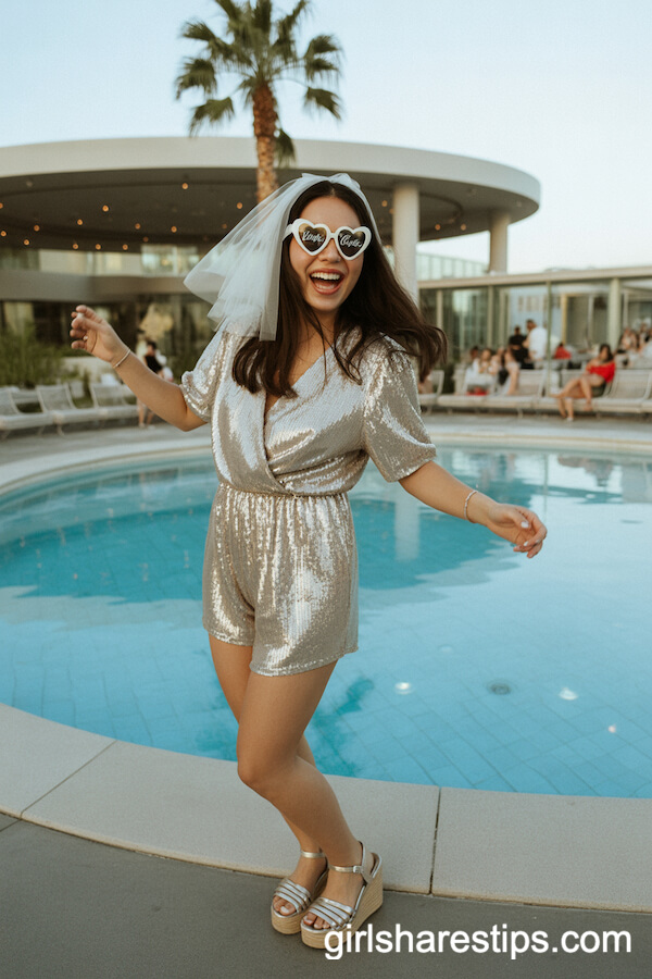Silver Sequin Romper with Heart-Shaped Sunglasses, Veil Headband, and Wedge Sandals