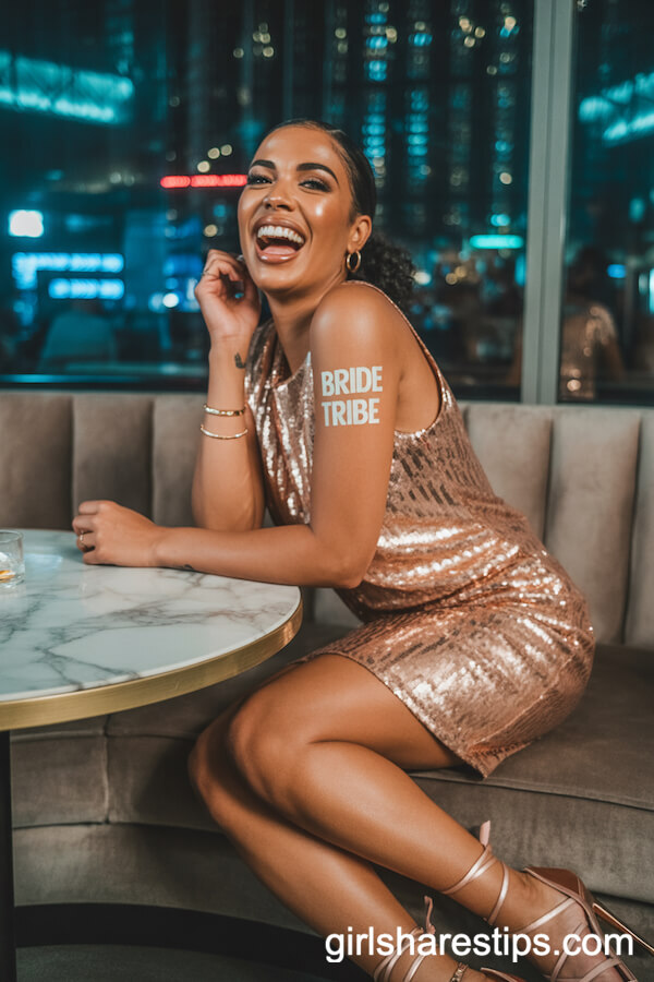 Rose Gold Sequin Mini Dress with Metallic Temporary Tattoo and Strappy Heels