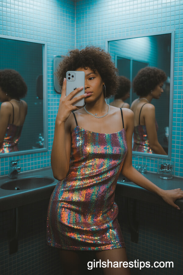 Rainbow Sequin Mini Dress Mirror Selfie