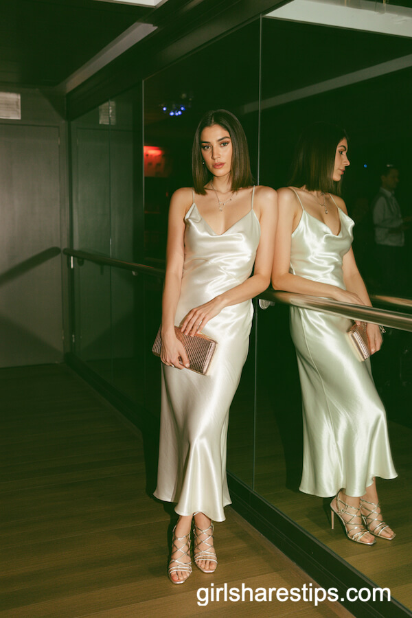 Silky White Satin Slip Dress with Nude Heels