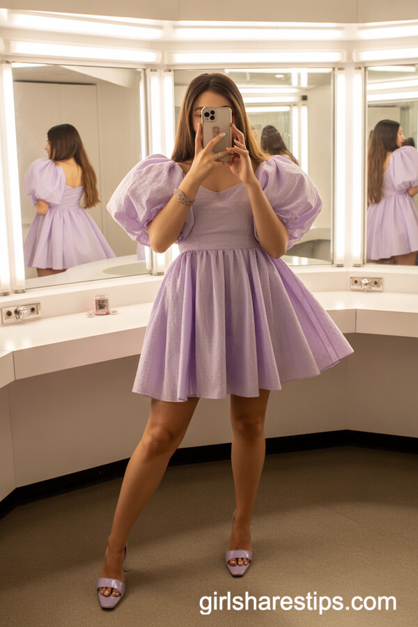 Lilac Puff Sleeve Mini Dress with Pastel Heels