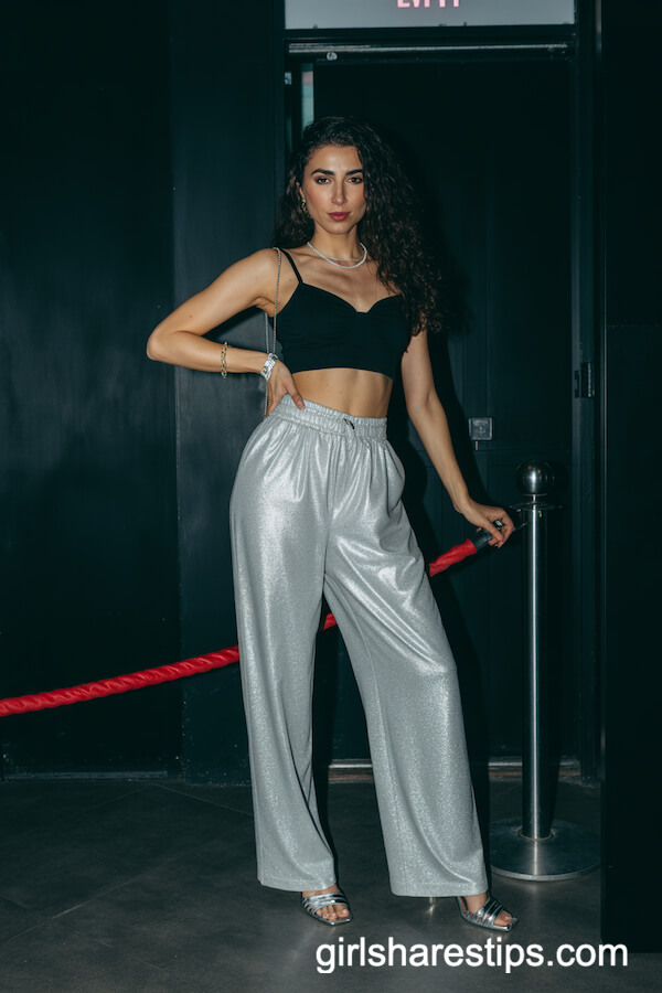 Silver High-Waisted Glitter Pants with Black Crop Top