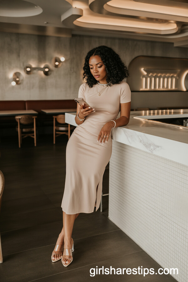 Nude-Tone Midi Dress with Transparent Heels