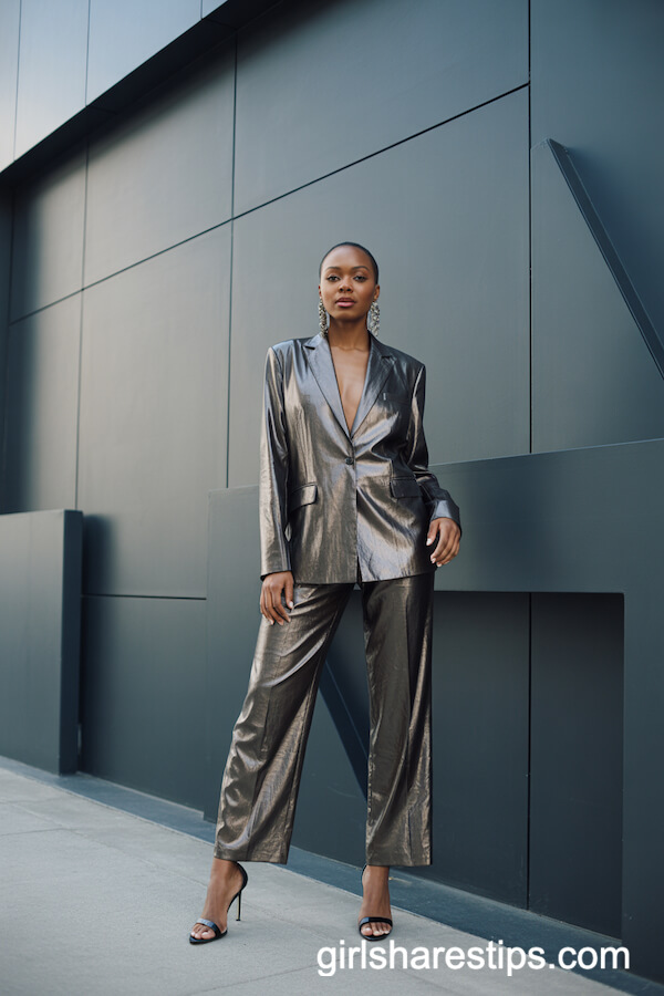 Metallic Tailored Club Suit with Statement Earrings