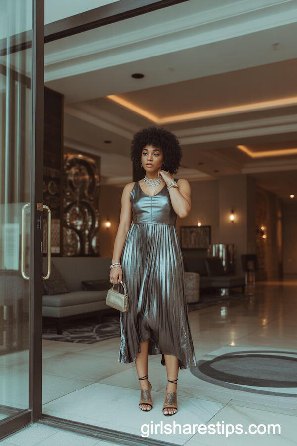 Metallic Silver Midi Dress with Strappy Heels