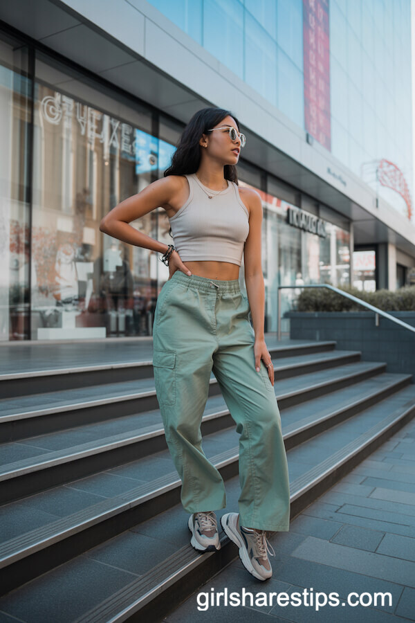 Sage Green Cargo Pants with Crop Top