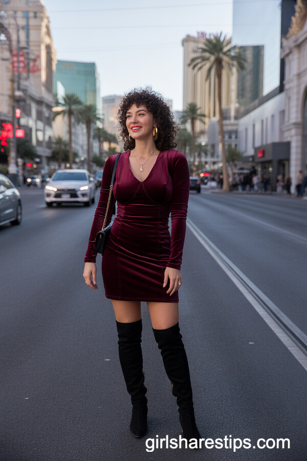 Velvet Mini Dress with Over-the-Knee Boots