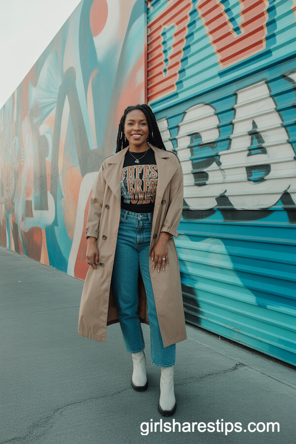 Beige Trench Coat with Graphic Tee