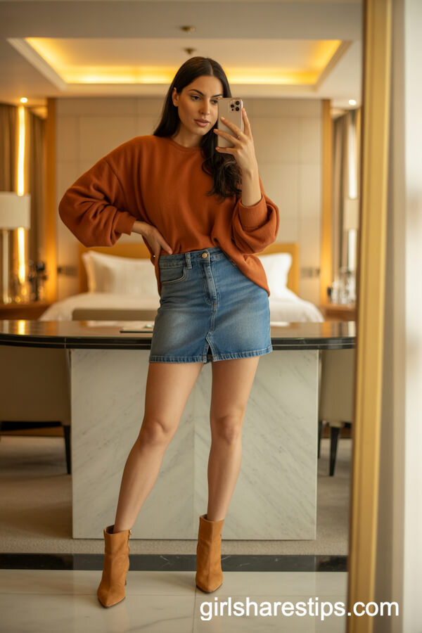 Denim Mini Skirt with Autumn Sweater