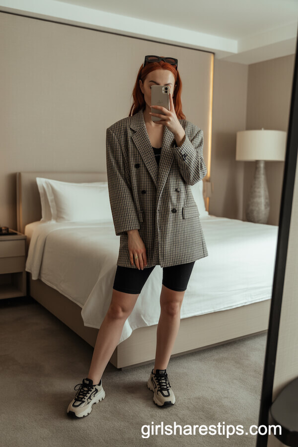 Oversized Plaid Blazer with Bike Shorts