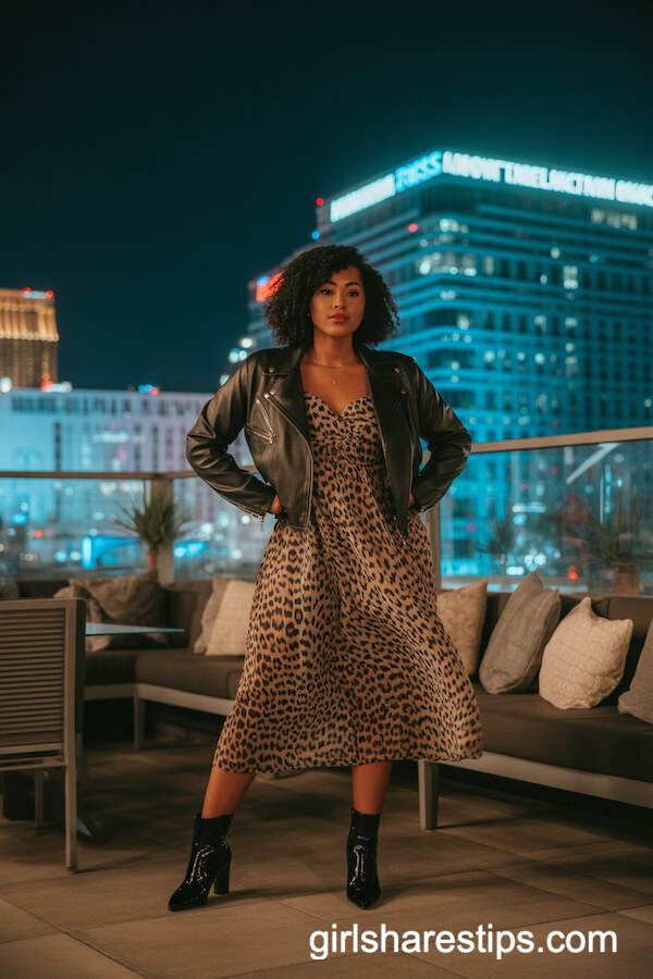 Leopard Print Midi Dress with Moto Jacket