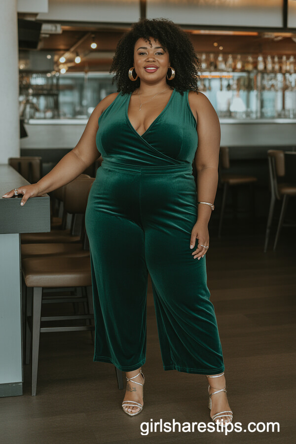 Velvet Jumpsuit with Strappy Heels