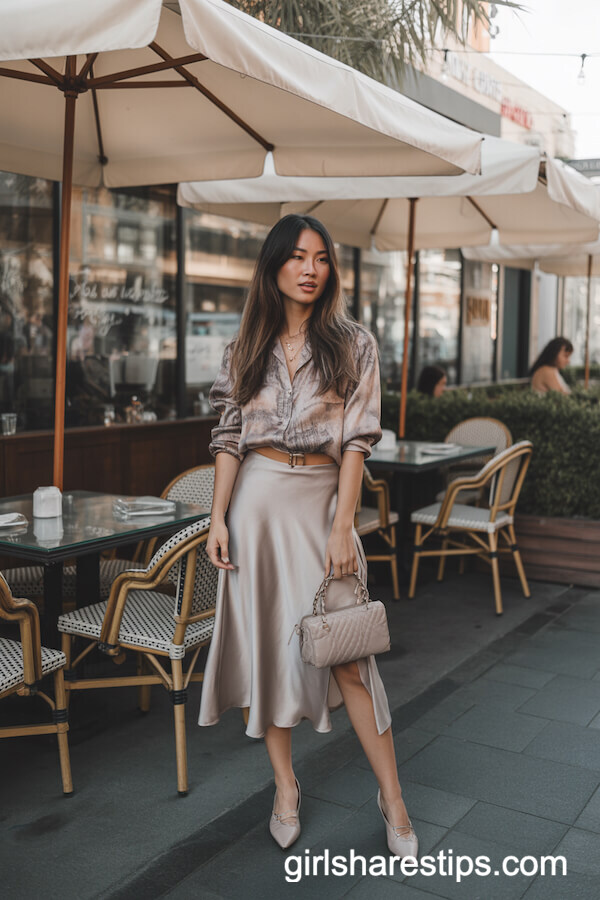 Silky Blouse with Flowy Midi Skirt